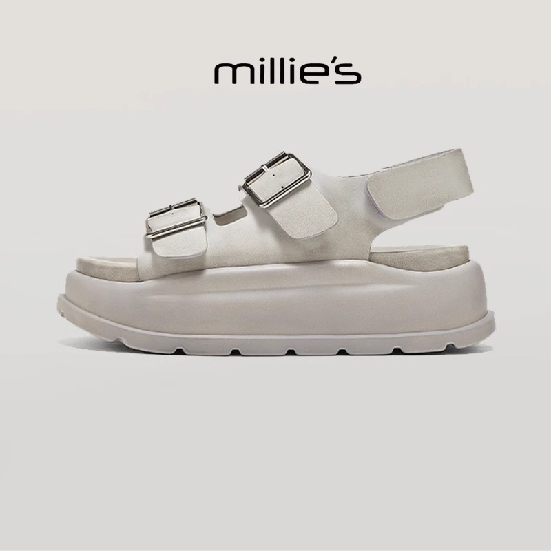 MILLIE'S/妙丽圆头厚底一脚蹬镂空透气柔软舒适百搭时尚休闲凉鞋