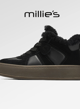 millies妙丽 圆头厚底皮毛一体复古保暖棉鞋加绒板鞋2025秋冬新款