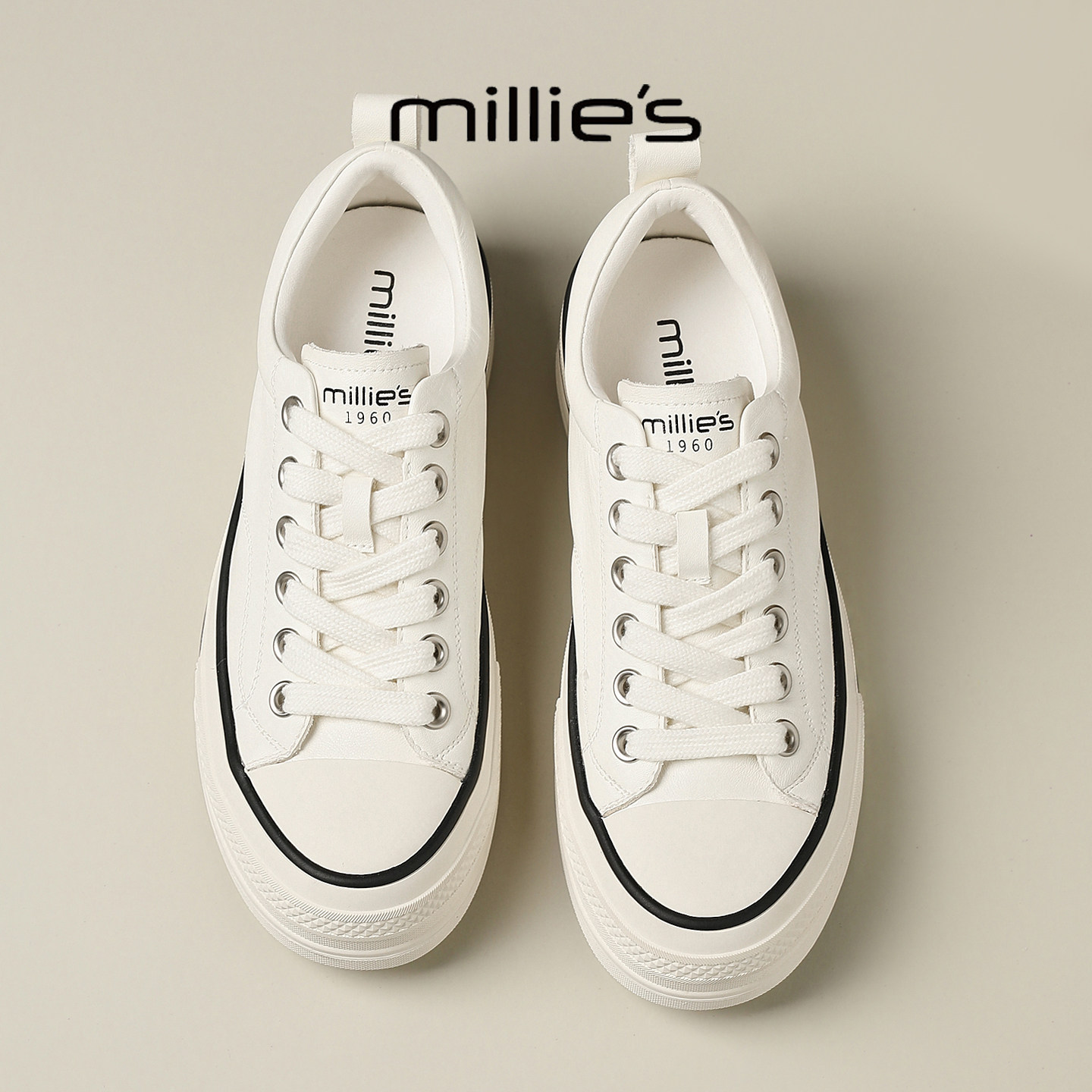 MILLIE'S/妙丽时尚拼色运动厚底小白鞋女系带休闲鞋百搭增高板鞋,女鞋,工装鞋,淘宝优惠券,粉丝福利购,淘宝优惠卷