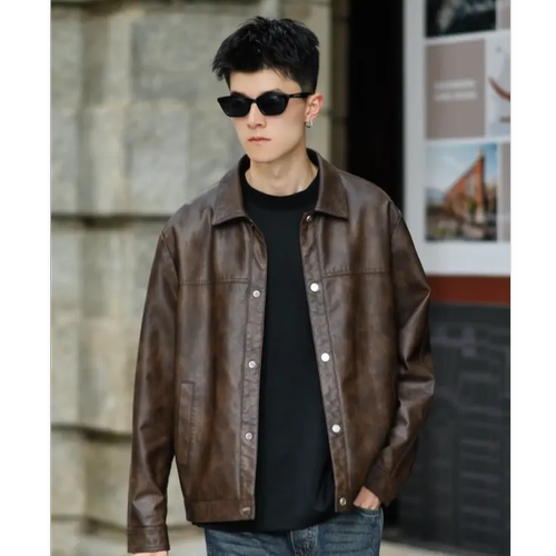 2026春季新款男士户外夹克百搭翻领休闲简约防水时尚宽松皮衣潮流