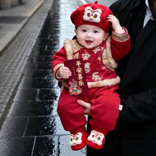 过年拜年服婴儿新中式喜庆男宝宝衣服冬季加厚少爷连体唐装百天周