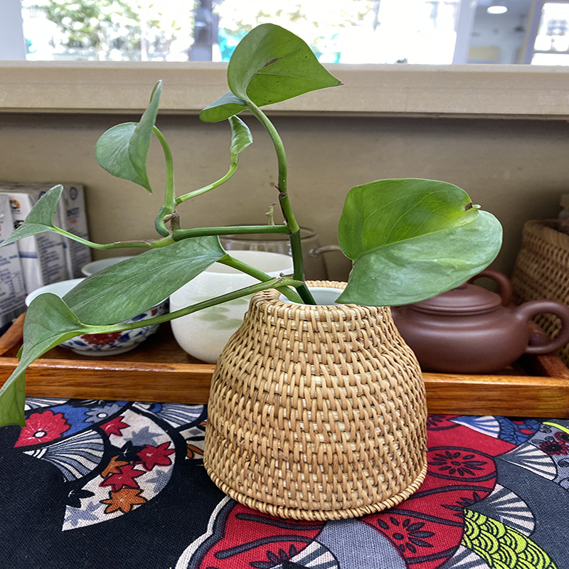 新品日式禅意家居饰品藤编手工青瓷陶瓷花瓶花插装饰摆件插花茶桌