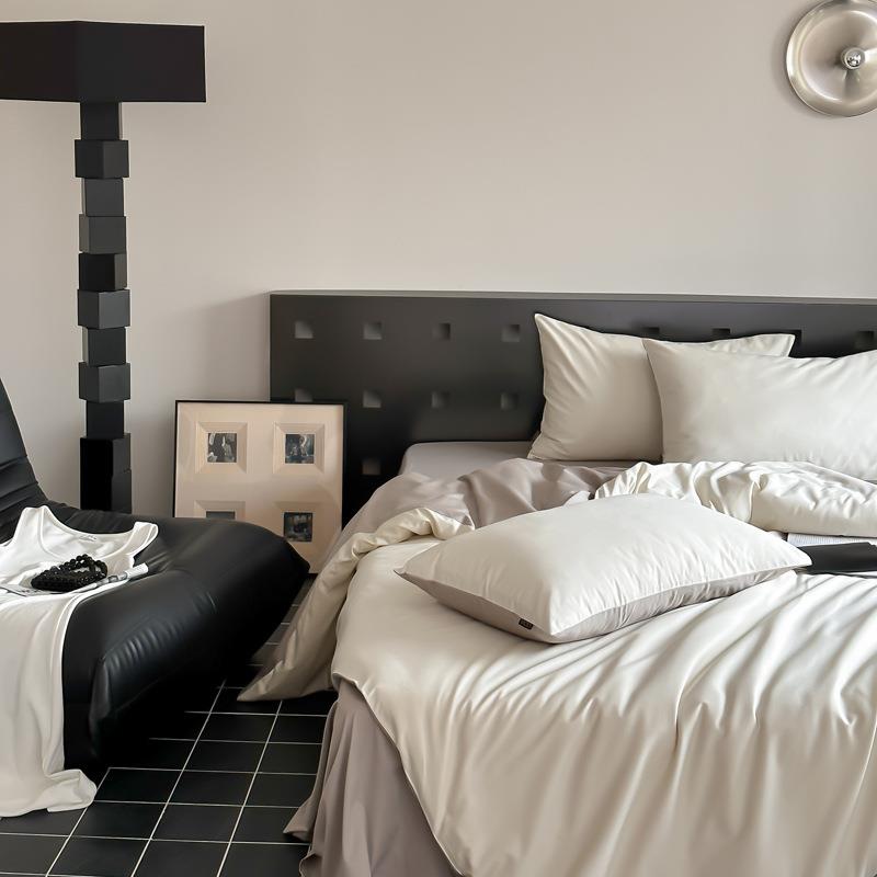 四轻奢纯色10bg品0S贡缎全棉床上件套简约色床单撞被套床笠床1.8m