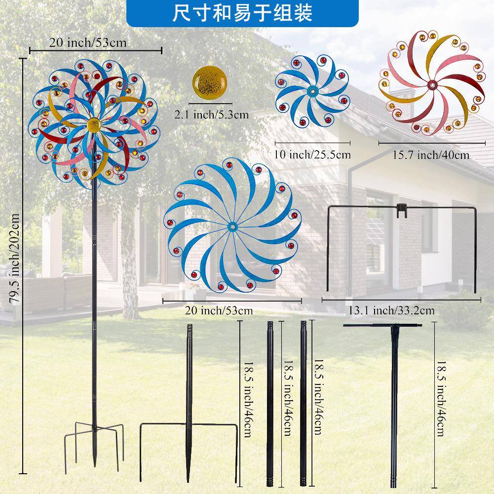 新款铁艺风车双面金旋转属风车户外花YF471121园庭院彩铁风车装艺