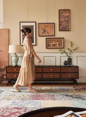 法式复古物木电视柜家用客厅收纳储WTS柜视南洋风落地抽实屉撞色