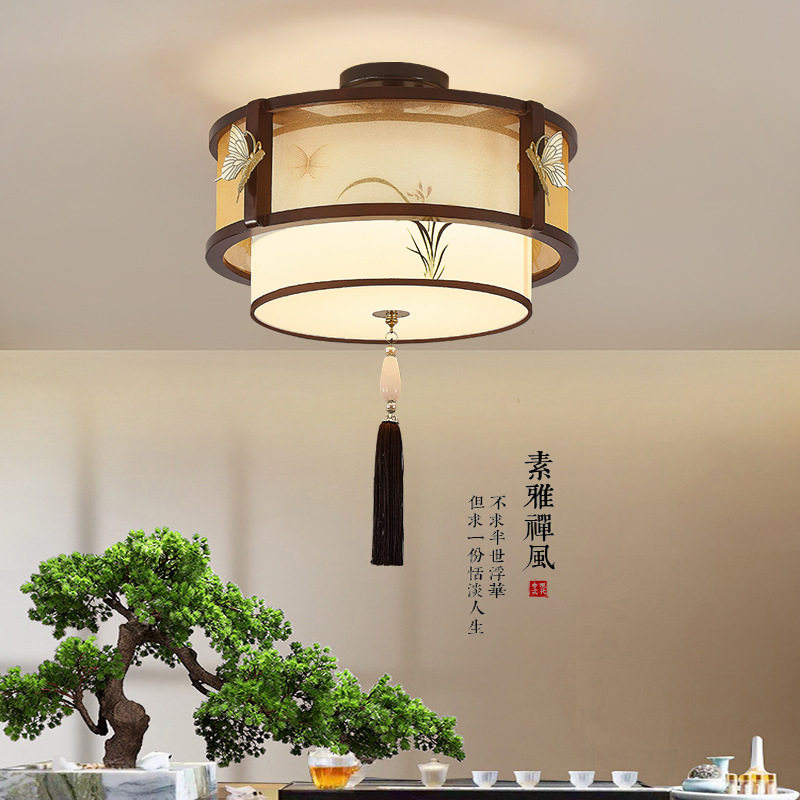 新中式轻奢檀木色圆形吸顶灯