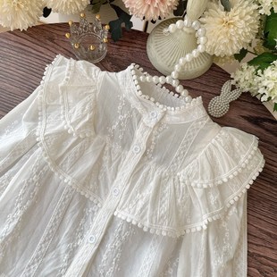 新款 白色纯棉洋气女童衬衣2024春装 小女孩上衣 花边衬衫 宝宝法式