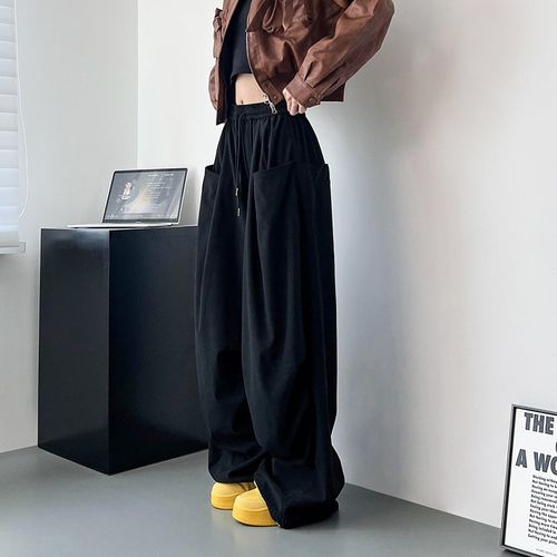 工装裤女2024秋大码胖mm高腰垂感拖地抽绳美式跳舞灯芯绒阔腿裤子
