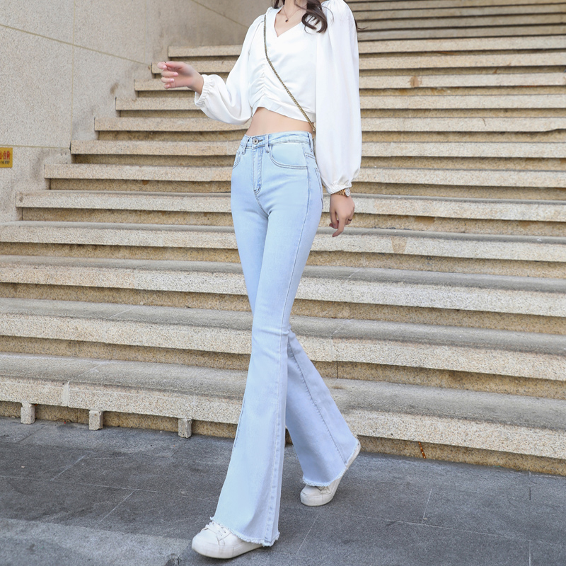 复古微喇牛仔裤女高腰2021春秋新款浅色显瘦港风坠感毛边喇叭长裤