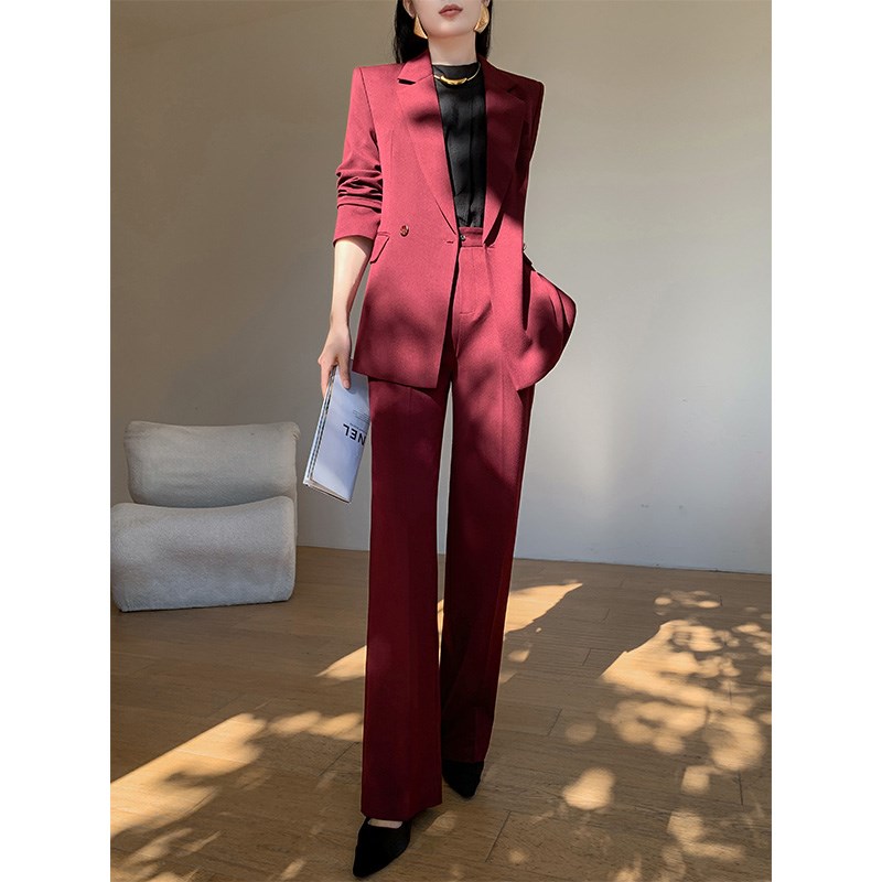红色西装套装女2024新款春秋款气质高级感阔腿裤职业休闲西服外套