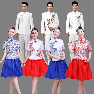 青花瓷大合唱演出服装成人中国风民乐古筝二胡朗诵表演服男女长裙
