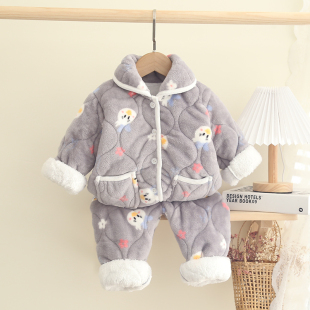 女童棉睡衣冬加绒加厚儿童三层夹棉家居服冬季 小童宝宝法兰绒套装