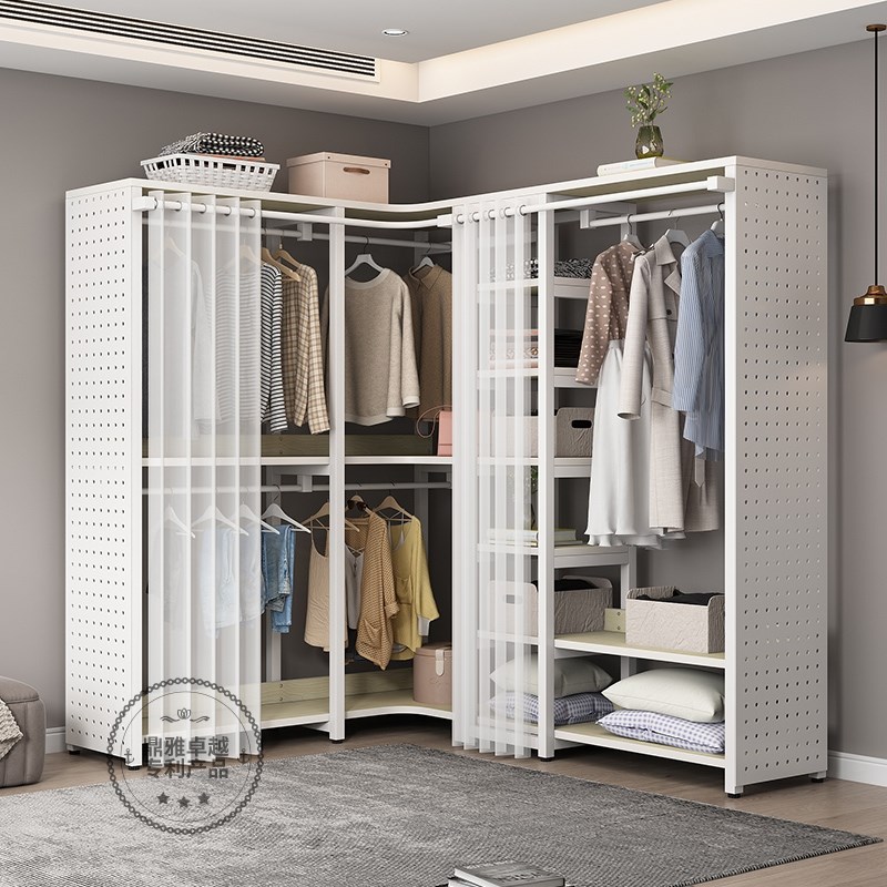 转角衣帽间防尘帘金属衣帽架洞洞板挂衣架衣柜一体落地卧室定制
