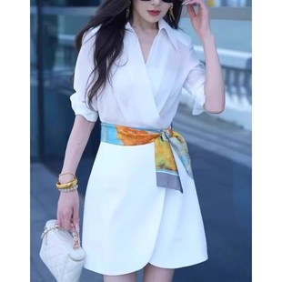 气场强大优雅白色衬衫连衣裙女2024早秋款轻奢高级感丝带收腰裙