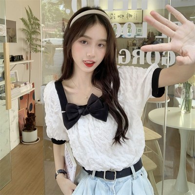 大码胖妹妹法式方领蝴蝶结衬衣女装夏季新款衬衫宽松泡泡短袖上衣