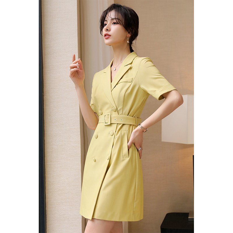 2024夏季新款双排扣短袖西装黄色连衣裙时尚气质售楼部前台工作服