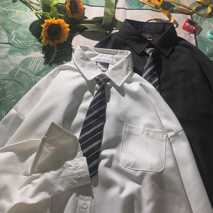 港仔男短袖衬衫夏季学院风设计感领带宽松潮流男生长袖衬衣外套潮