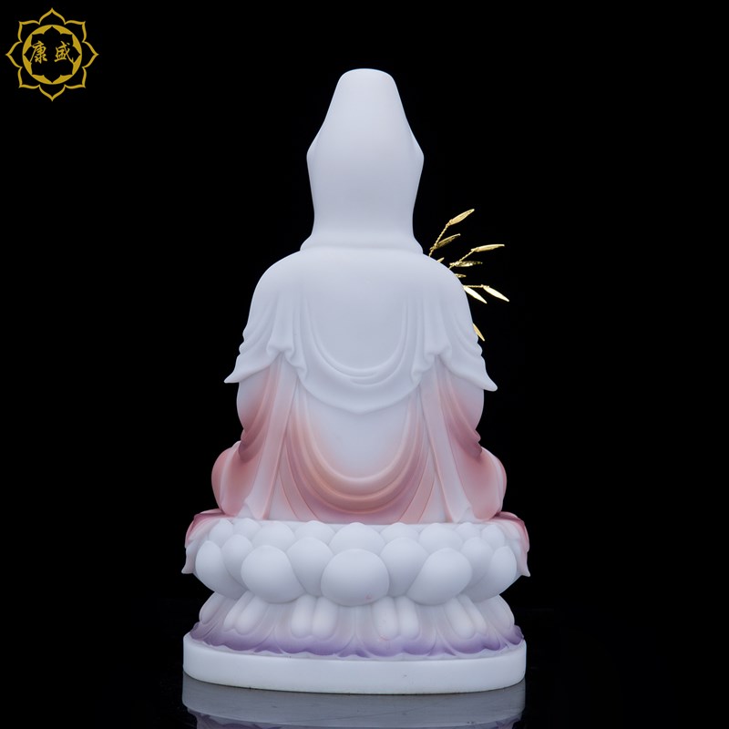 观音菩萨佛像摆件汉白玉彩绘坐莲观世音菩萨笑眼南海观音家用摆件