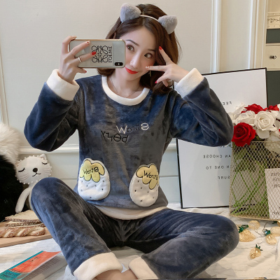 珊瑚绒睡衣女秋冬季长袖可爱加厚加绒套装冬天法兰绒可外穿家居服