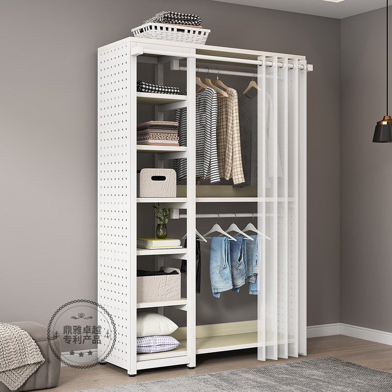 多功能金属转角衣帽架带防尘帘衣柜落地洞洞板挂衣架一体卧室家用
