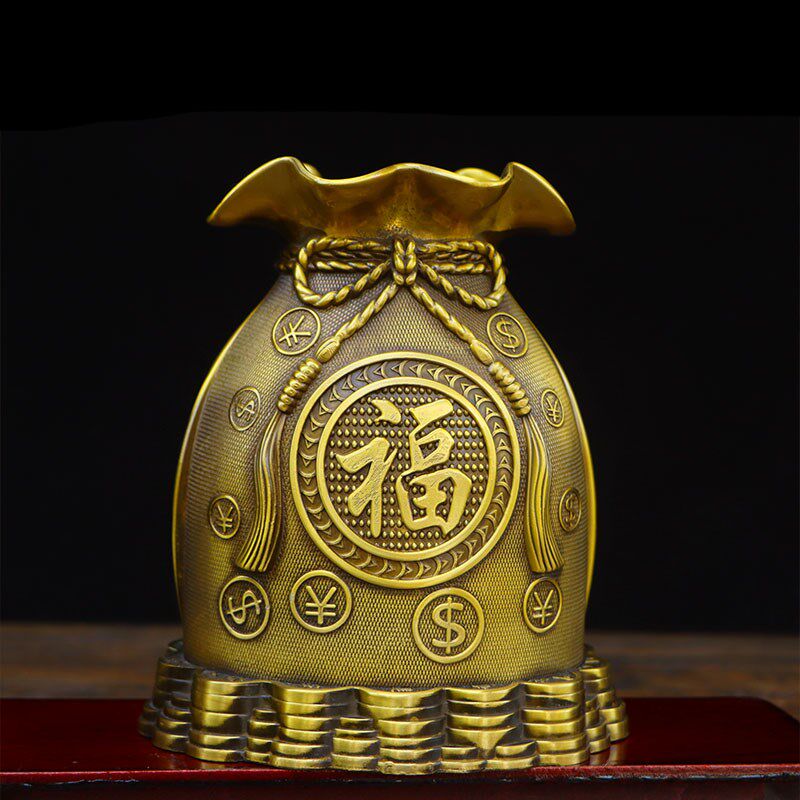 纯铜福字金钱袋招财进宝储钱罐存钱袋商铺装饰家居客厅聚宝盆摆件