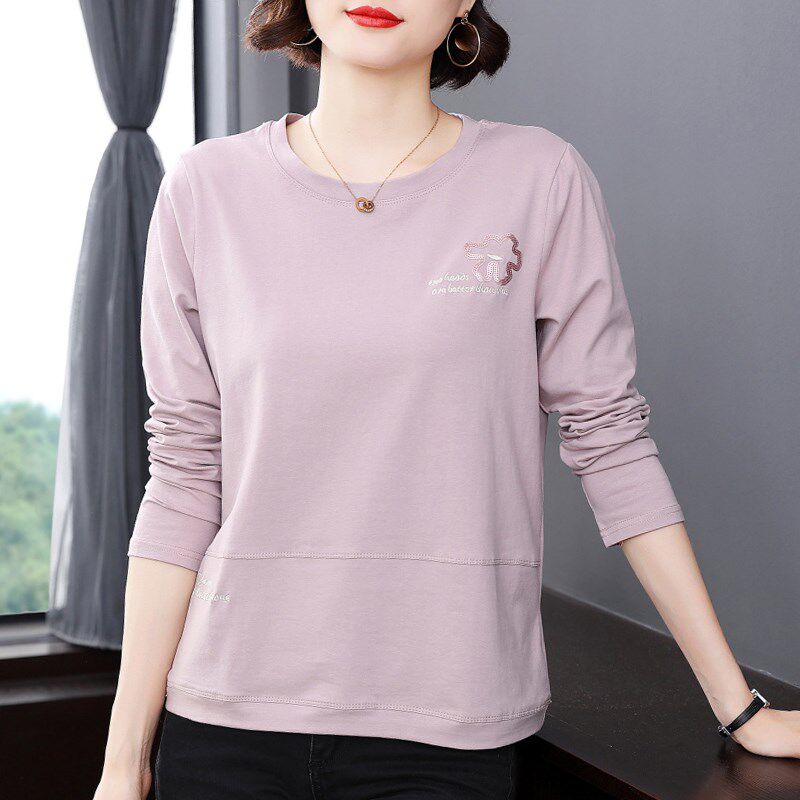 纯棉长袖t恤女 2024春秋装新款大码休闲上衣中老年妈妈洋气打底衫