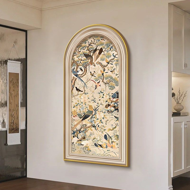 法式中古风玄关装饰画复古花鸟走廊过道挂画拱形高级感客厅壁画