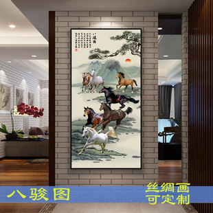 八骏图挂画玄关装饰画竖版过道马到成功油画万马奔腾挂画客厅国画