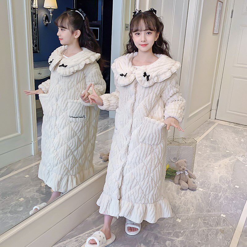 儿童睡袍冬季三层夹棉睡衣法兰绒加厚小孩女童米白保暖珊瑚绒浴袍