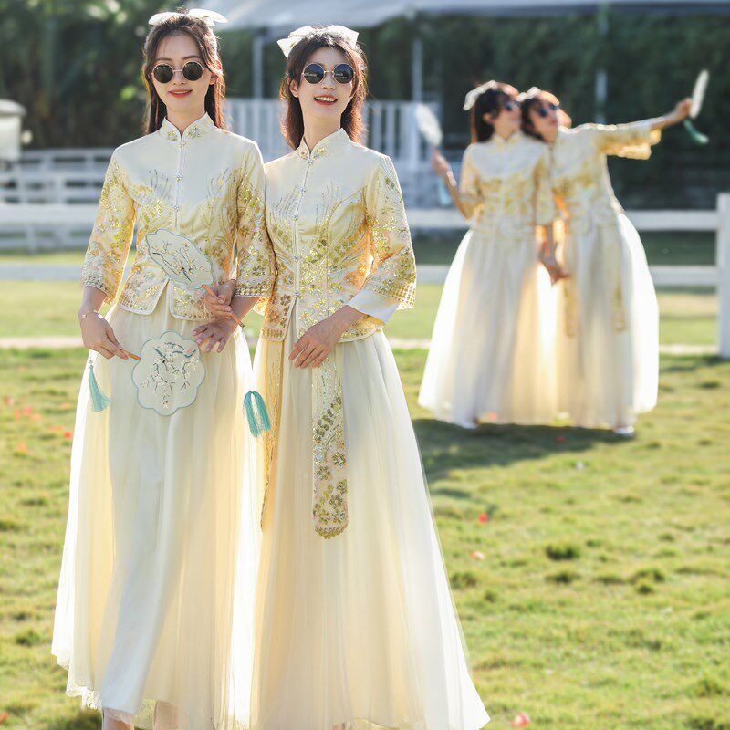 伴娘服中式2024秋冬新款秀禾显瘦蓝色伴娘裙姐妹团结婚礼服女旗袍