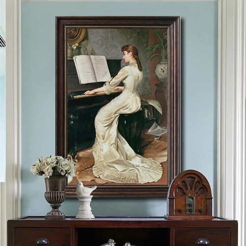 入户玄关装饰画简约竖版人物画弹琴美女挂画琴房画喷绘画可定制