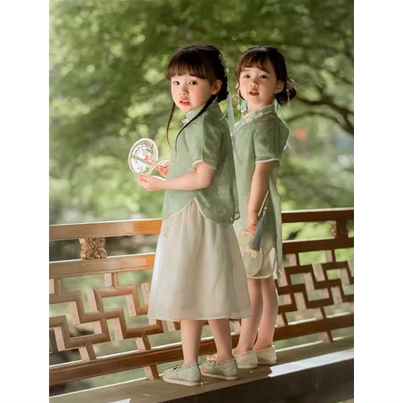 女童旗袍套装夏2024新款儿童短袖民国风复古连衣裙小女孩古筝唐装