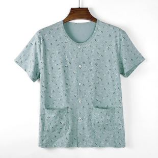 中老年人全棉开身妈妈圆领宽松汗衫 女士纯棉开衫 加肥大码 薄款 短袖