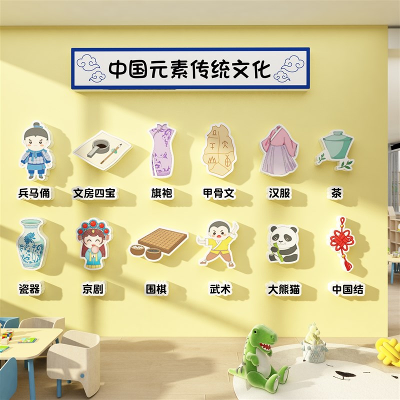 幼儿园墙面装饰中国风传统文化主题贴纸画楼梯道走廊环创成品布置
