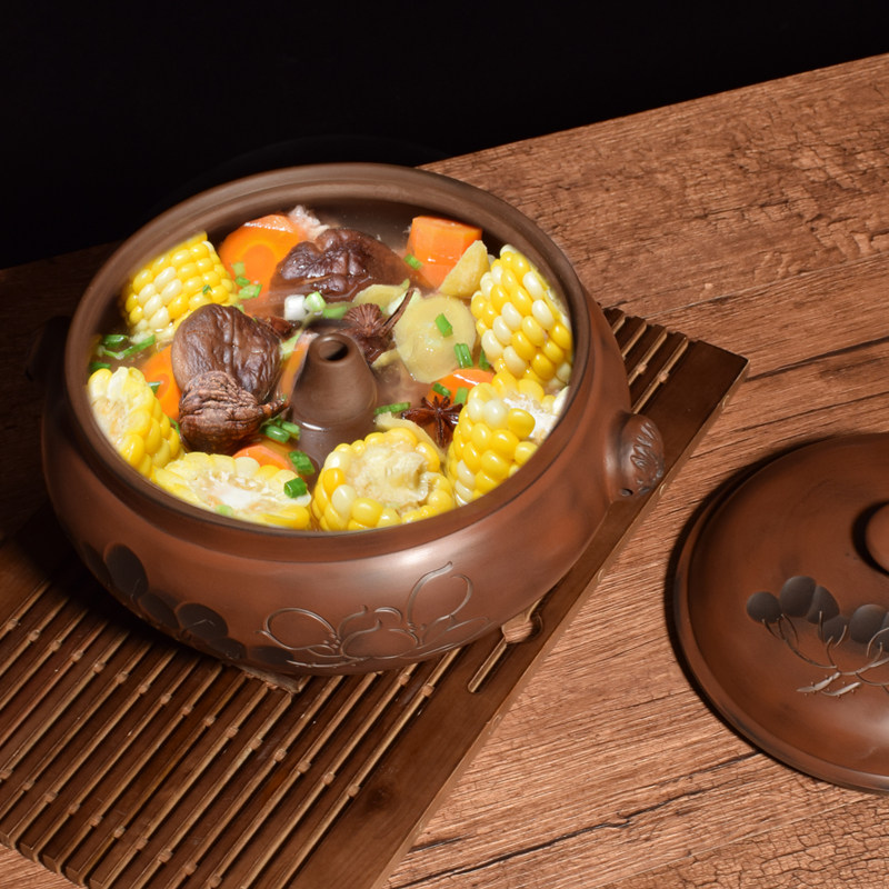 云南建水紫陶古铜荷花汽锅鸡阴刻家用蒸汤锅纯手工非紫砂陶瓷气锅