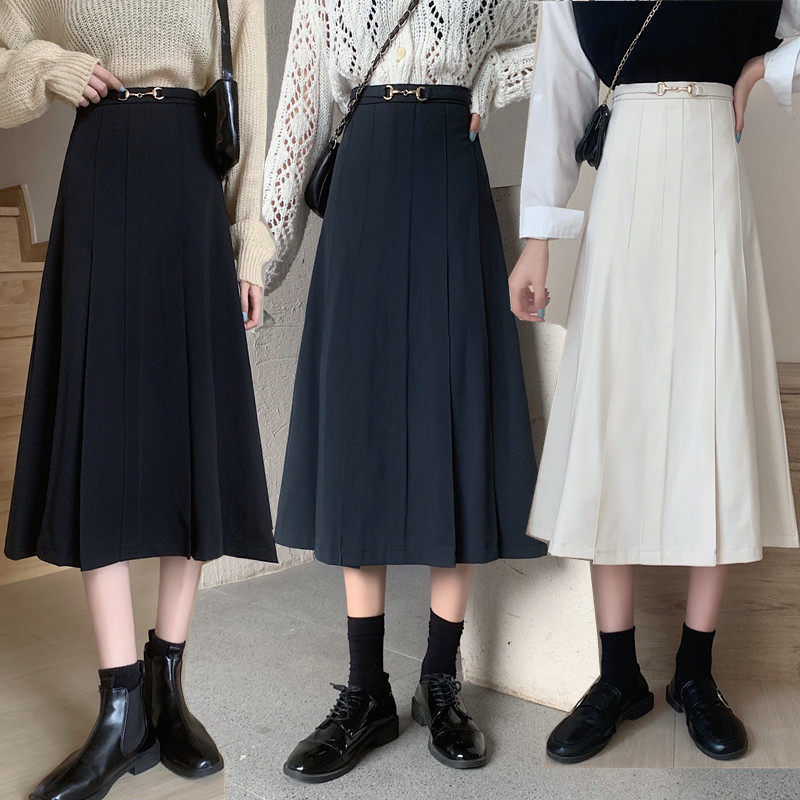 大码黑色百褶半身裙女中长款秋冬遮胯长裙胖mm高腰a字显瘦包臀裙