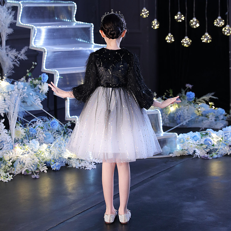 女童黑色礼服公主裙生日走秀钢琴演出服演奏儿童主持人表演长袖秋