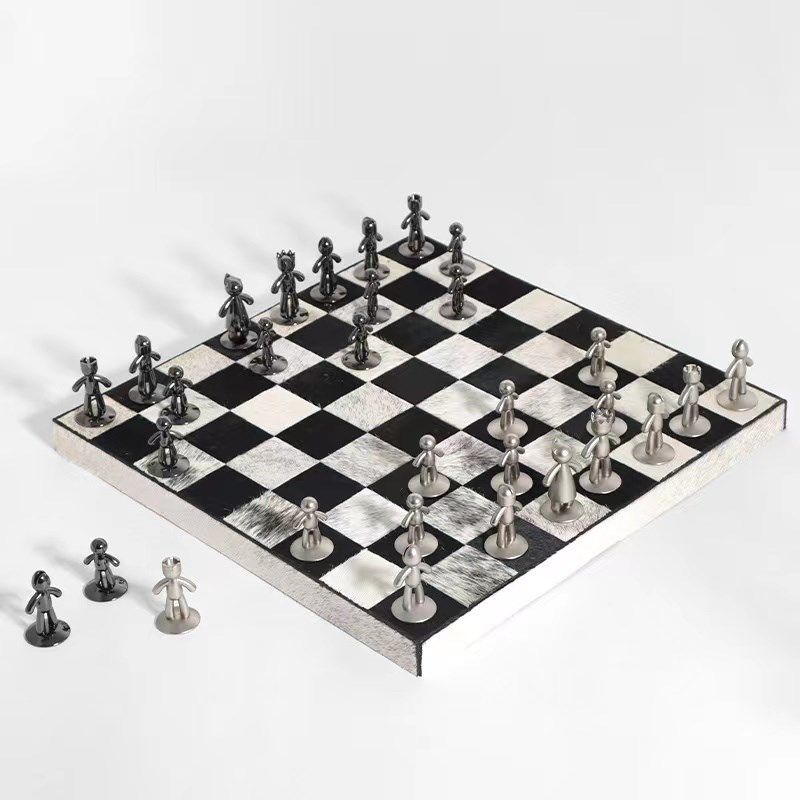 北欧轻奢样板间书房茶几软装饰品黑白国际象棋盘摆件创意马毛摆件