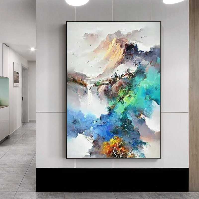 新款直销纯手绘油画山水艺术画抽象玄关客厅挂画背景墙装饰画简约