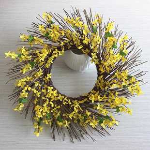 直销新款仿真迎春花花环春季家居花圈门窗墙节日挂饰手工藤圈亚马