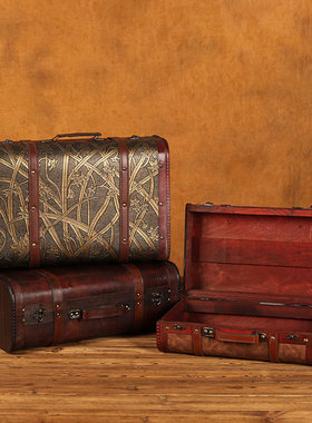 欧式复古木质手提箱仿古装饰品收纳箱子橱窗摆件老式皮箱摄影道具
