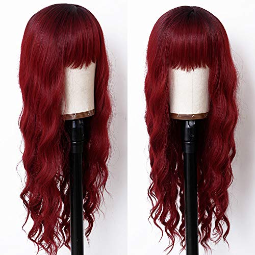 DOOLDOOL Hair Long Wavy Wig With Air Bangs Synthetic Heat Re