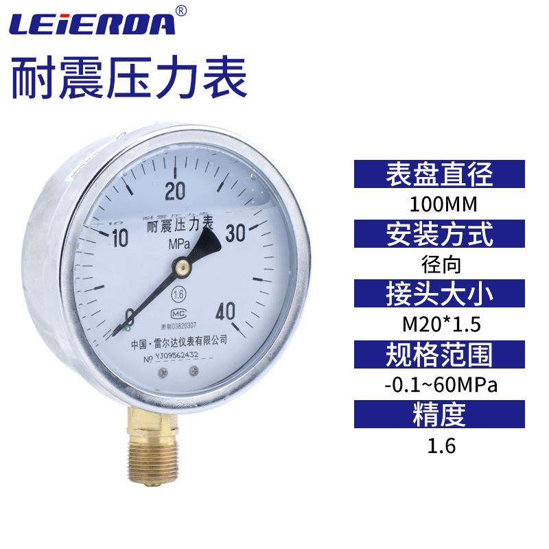 雷尔达径向 YN100规格耐震压力表液压仪表气压 1.6 2.5 0.6全水压