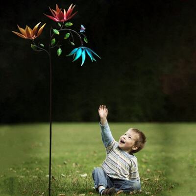 Large Metal Wind Spinner with Three Spinning Flowers Butterf