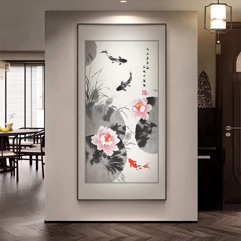 水墨荷花玄关装饰画九鱼图入户正对门新中式禅意挂画楼梯背景墙画图片