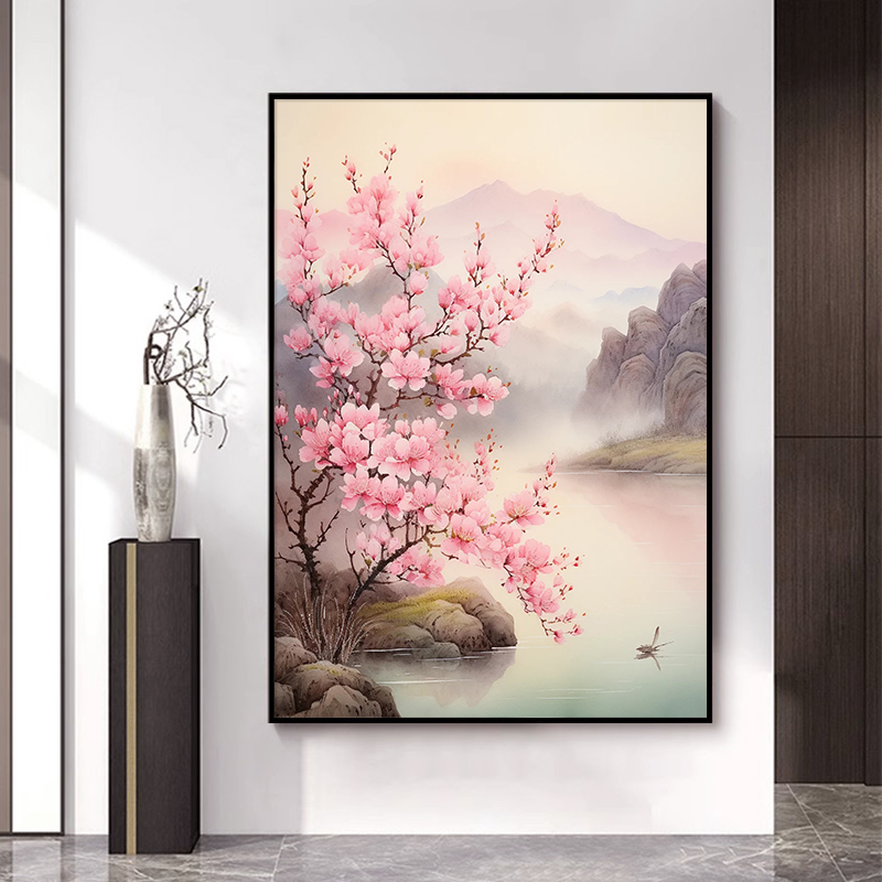 桃花轻奢油画新中式入户玄关山水风景装饰画客厅餐厅唯美花卉挂画图片