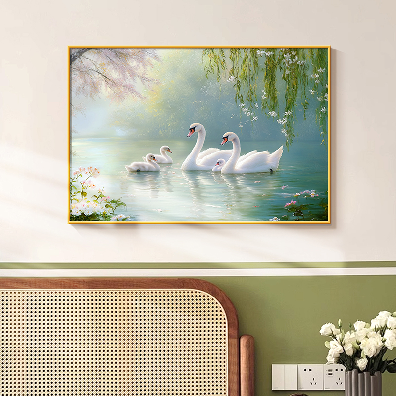 天鹅挂画2025新款卧室装饰画主卧床头风景挂画客厅小清新横版壁画图片