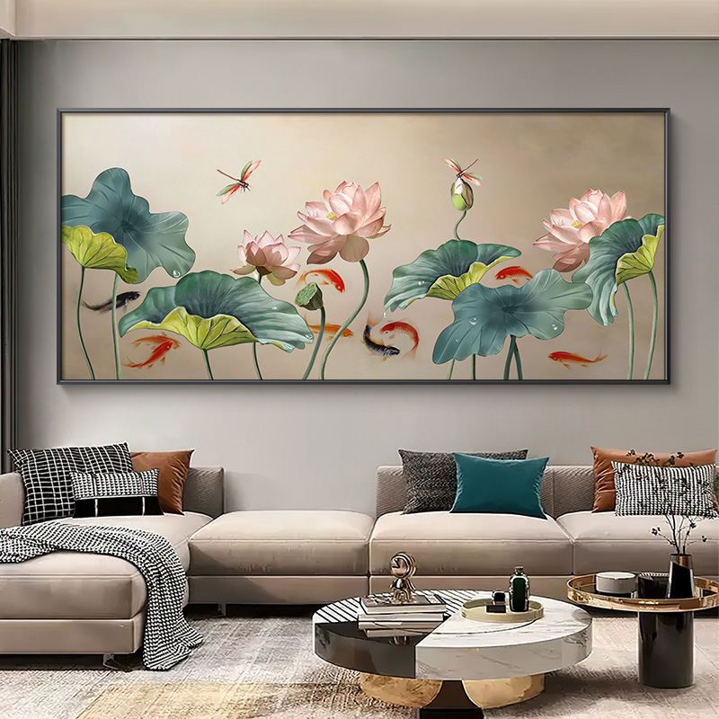 轻奢油画新中式客厅装饰画轻奢高级感挂画沙发背景横幅荷花九鱼图图片