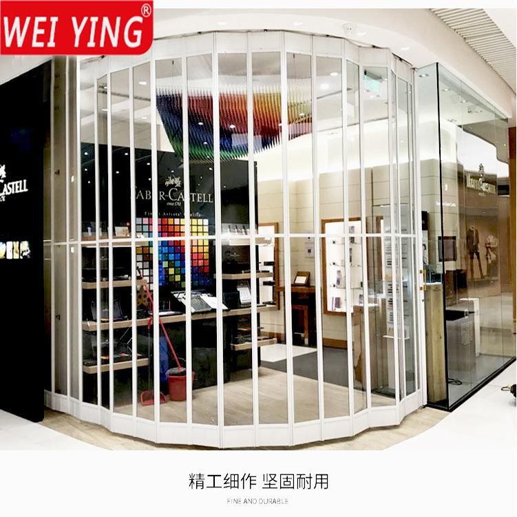 直销新款商场店铺铝合金折叠门弧形无轨水晶PVC折叠门贴膜店透明