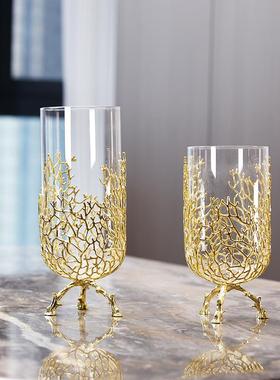 直销新款现代金属玻璃花瓶轻奢风格金色室内客厅餐桌玄关电视柜后